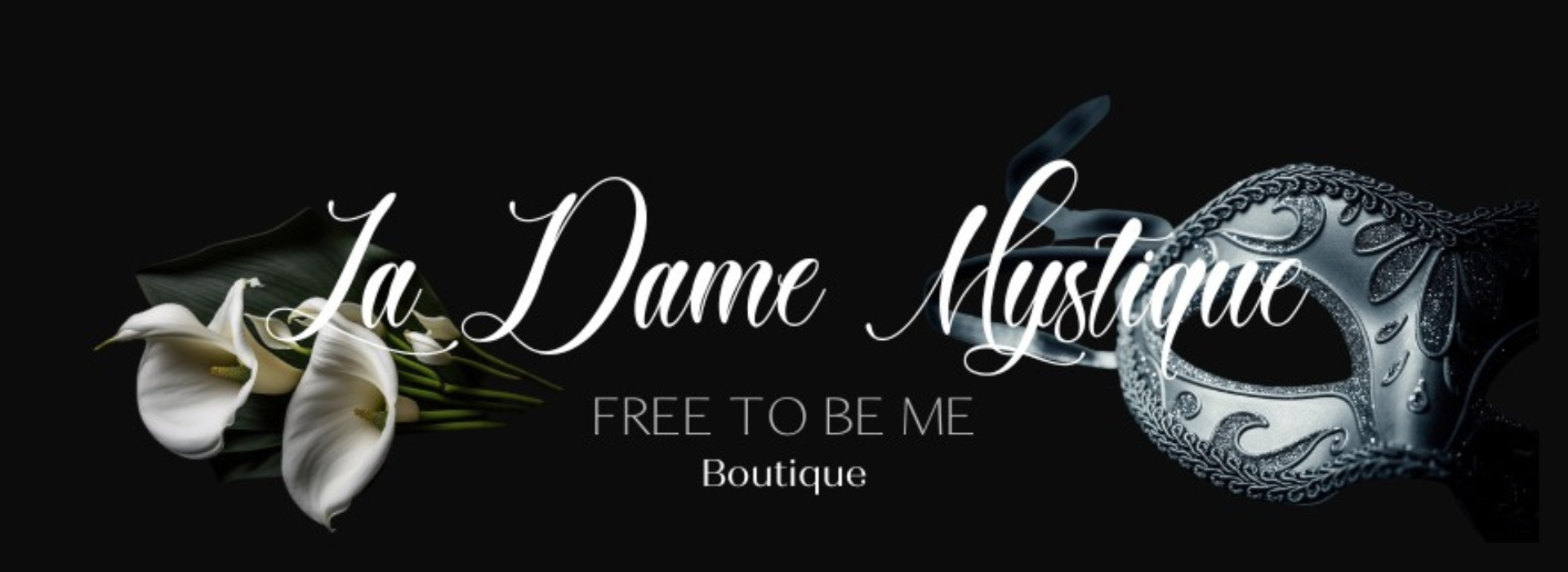 La Dame Mystique boutique logo with white lilies and a silver masquerade mask
